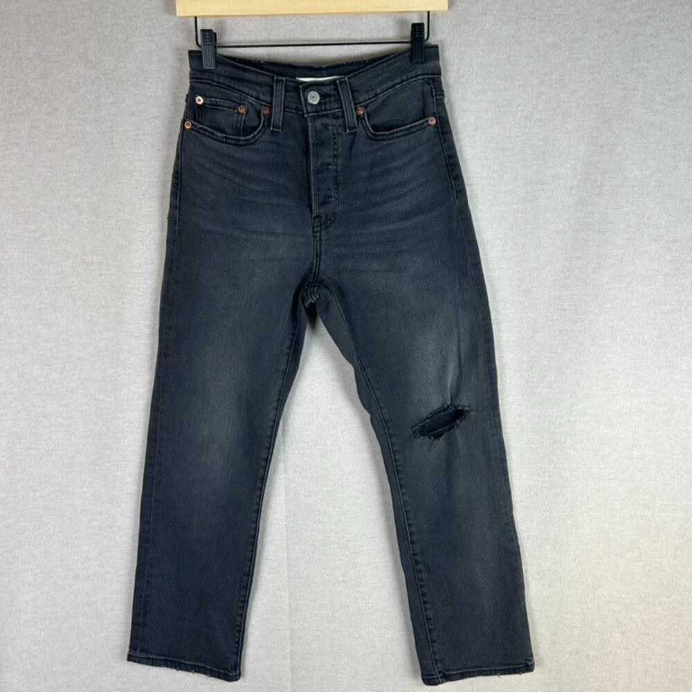Levis Womens Wedgie Straight Leg Black Jeans Size 27 Button Fly Distressed Denim
